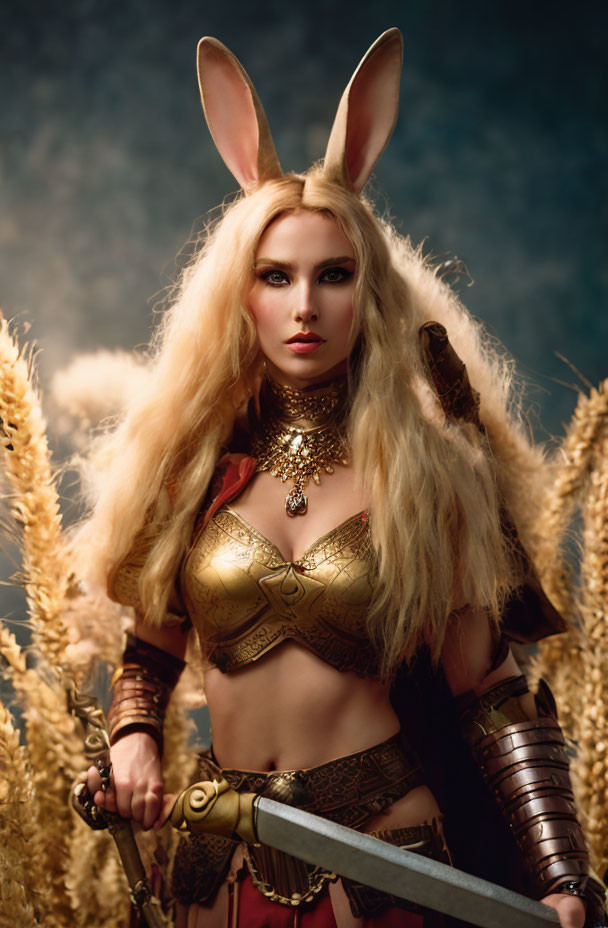 Fantasy warrior in bunny ears with sword in golden wheat field