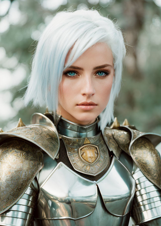 Woman in Pale Blue Hair & Silver Armor with Golden Details