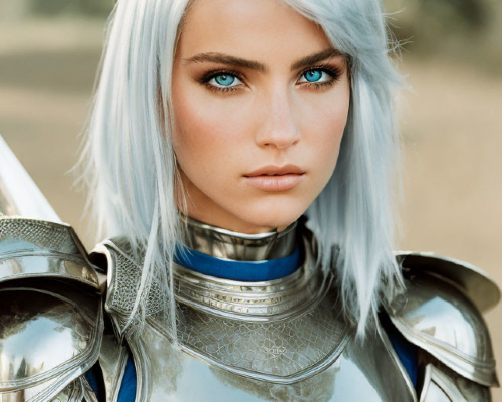 Blue-eyed person in silver armor with pale blue hair, focused gaze on camera
