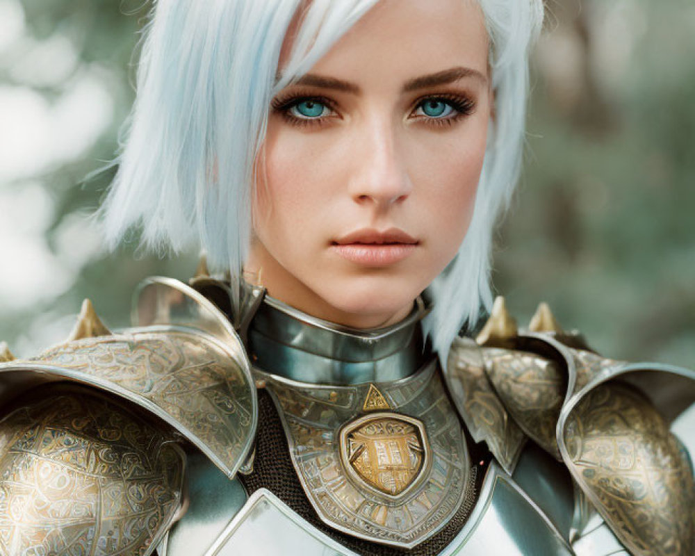 Woman in Pale Blue Hair & Silver Armor with Golden Details