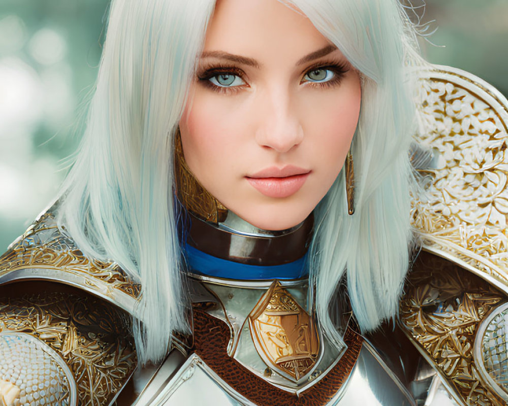 Woman in ornate silver and gold armor with blue eyes and white hair.