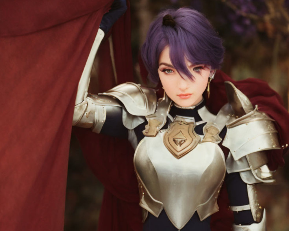 Purple Hair Medieval Armor Cosplay Against Red Backdrop
