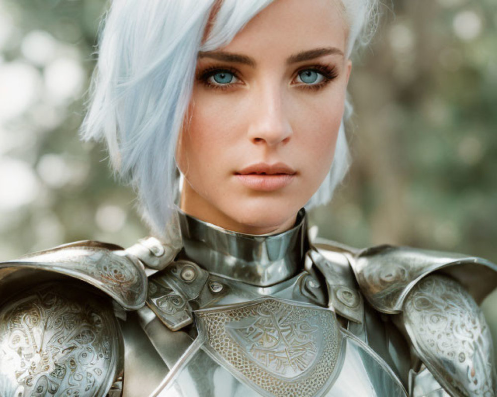 Young woman with pale blue hair in ornate silver armor against blurred natural backdrop
