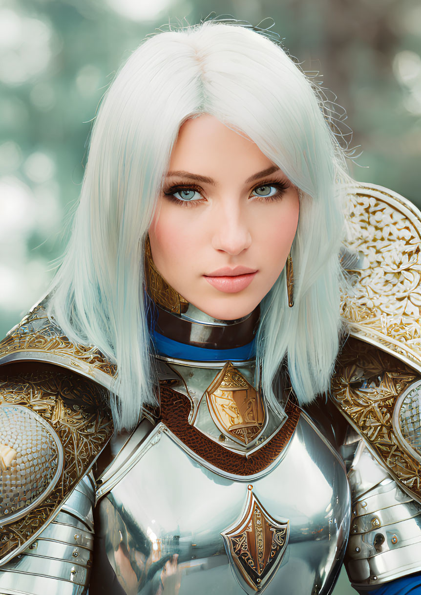 Woman in ornate silver and gold armor with blue eyes and white hair.