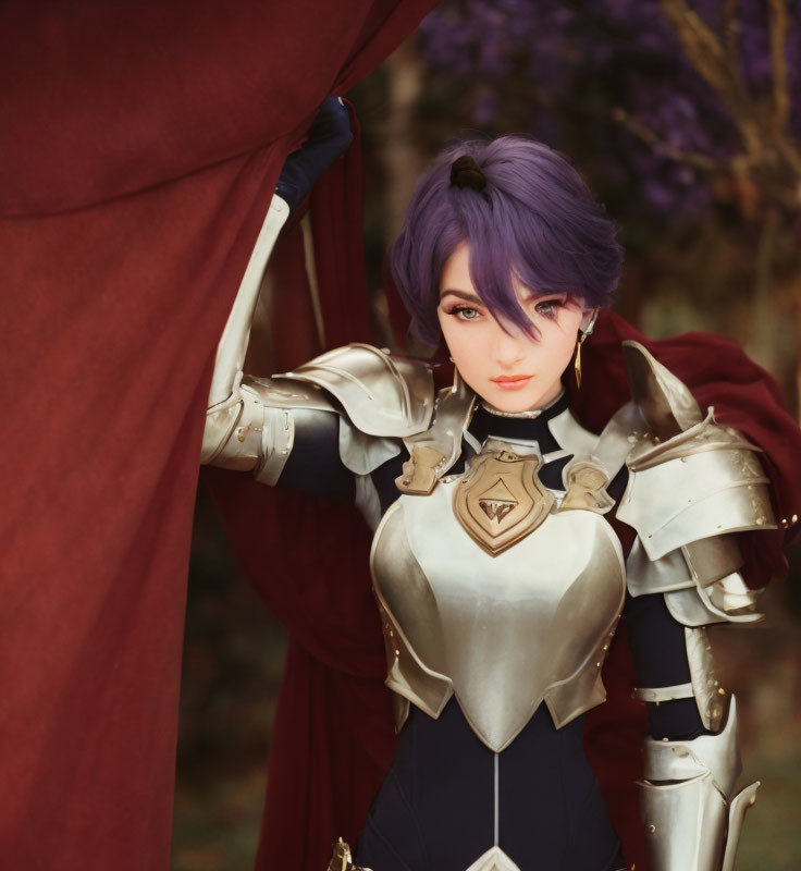 Purple Hair Medieval Armor Cosplay Against Red Backdrop