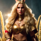 Fantasy warrior in bunny ears with sword in golden wheat field