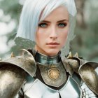 Young woman with pale blue hair in ornate silver armor against blurred natural backdrop