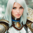 Blue-eyed person in silver armor with pale blue hair, focused gaze on camera