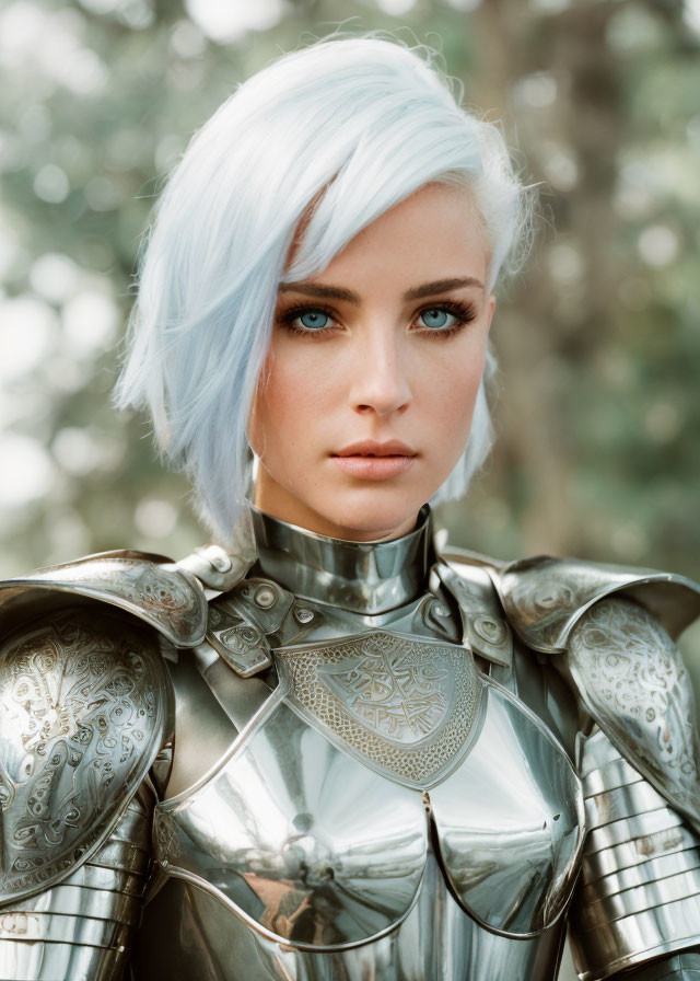 Young woman with pale blue hair in ornate silver armor against blurred natural backdrop