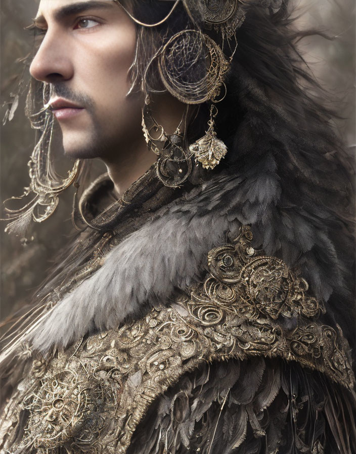 Regal man with sculpted beard in ornate gold jewelry and luxurious fur cape.