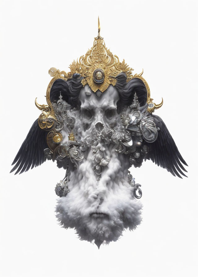 Symmetrical smokey figure with ram-like horns and black wings on white background