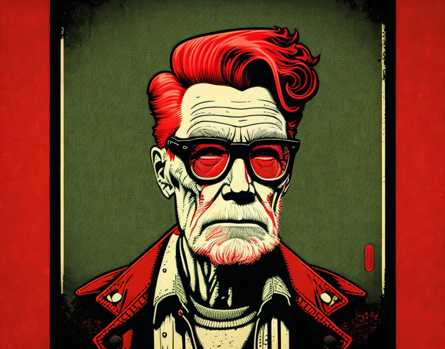 Man with Red Sunglasses and Quiff in Denim Jacket on Red & Black Background