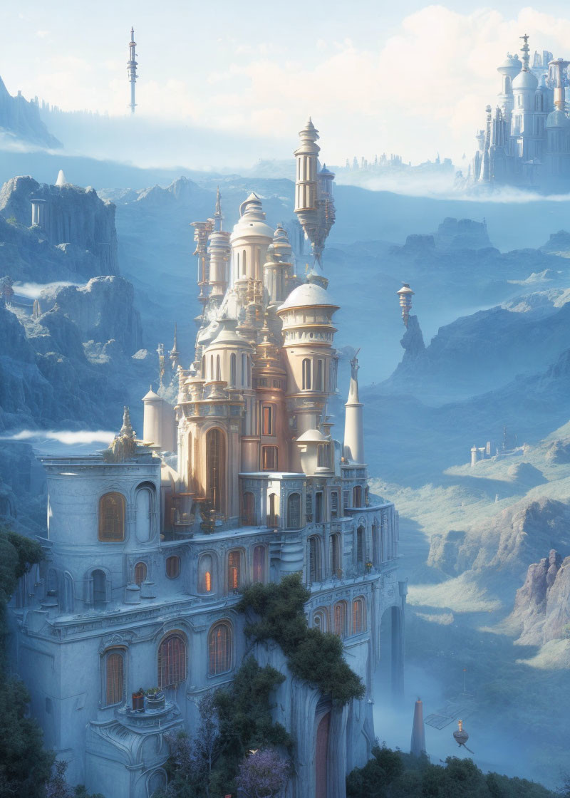 Ethereal fantasy castle with golden and stone spires on cliff amid misty mountains