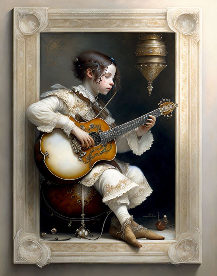 Classical painting of young person playing lute in ornate frame