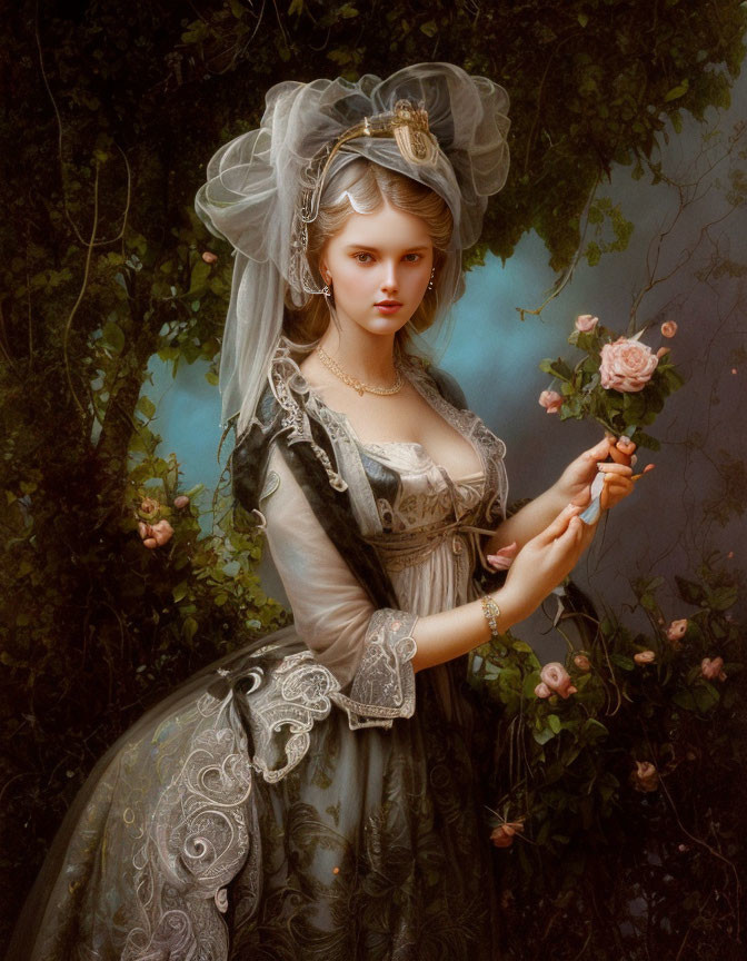 Vintage woman in lace dress and bonnet holding a flower in elegant garden setting