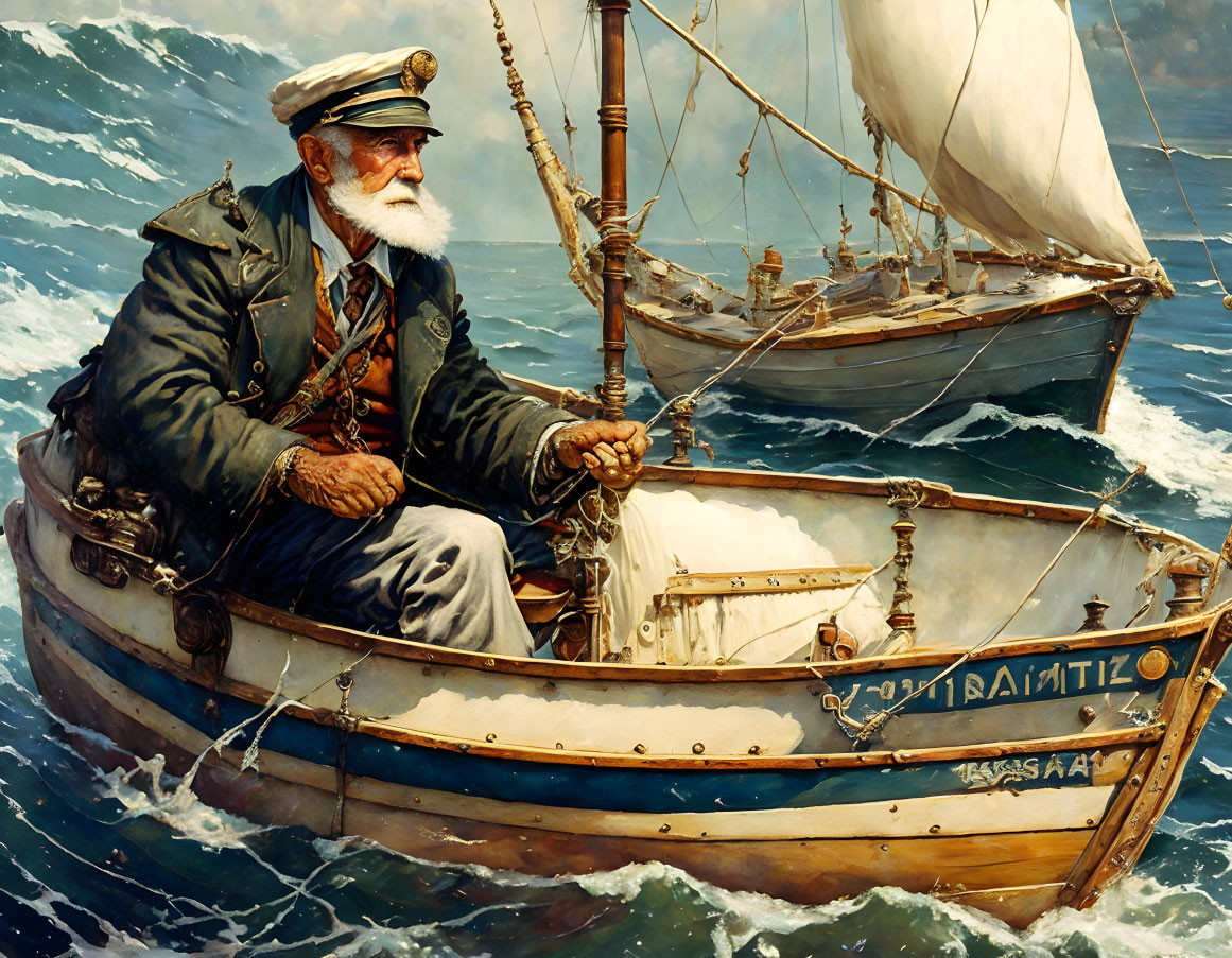 Elderly sea captain in uniform navigating sailboat on choppy seas