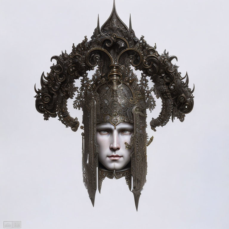 Symmetric ornate metallic headdress with intricate designs on serene face