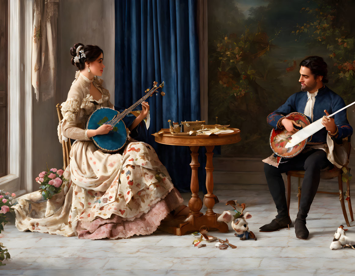 Vintage-dressed man and woman play banjos in elegant room with dog and scattered cards.