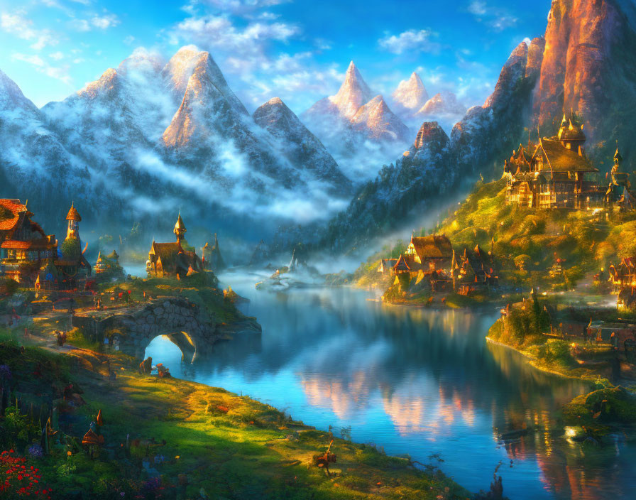 Serene river, traditional houses, boats, and snow-capped mountains in fantastical landscape