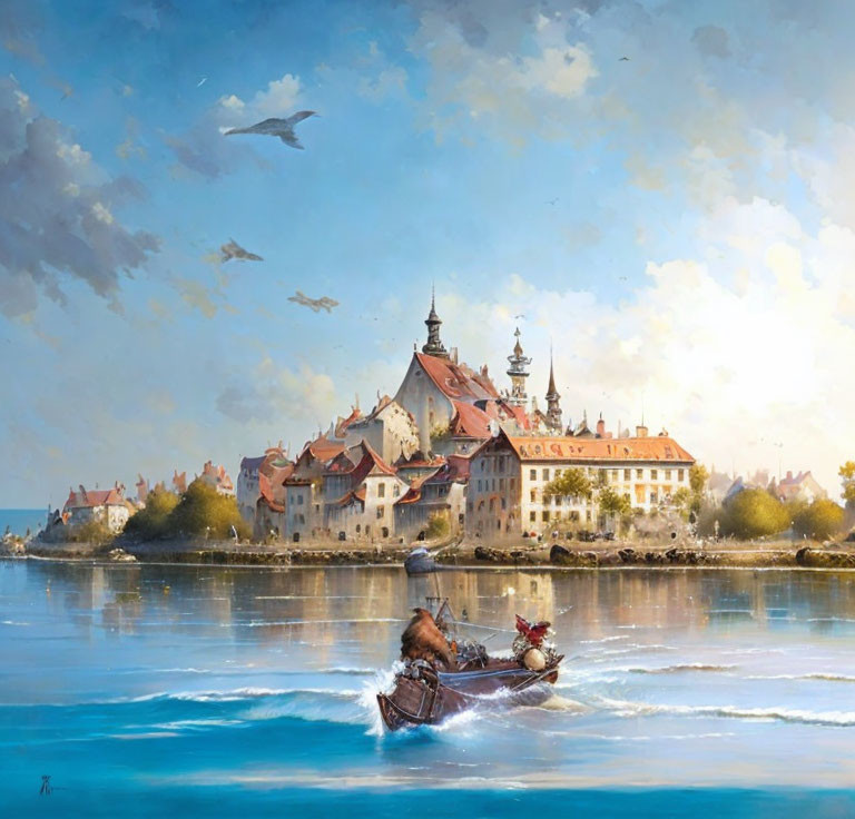 Person rowing towards castle on island under serene sky