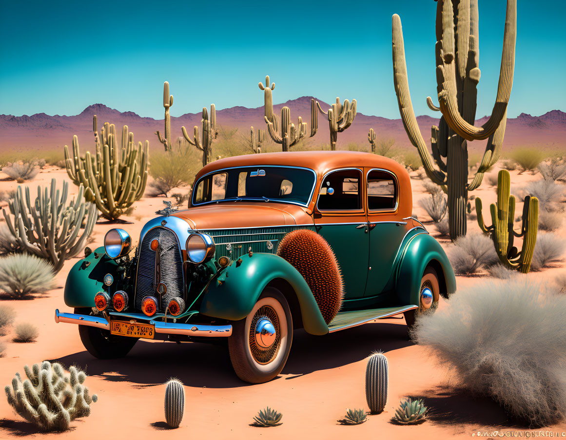 Vintage Green Car in Desert Landscape with Cacti and Blue Sky