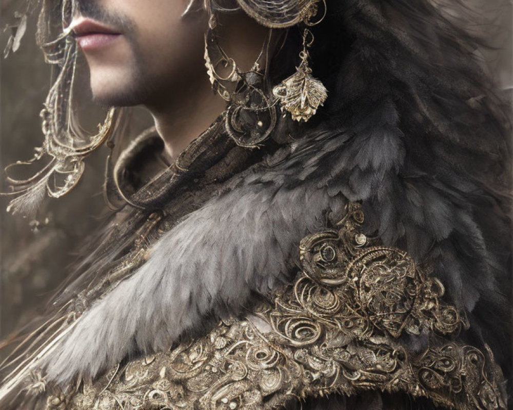 Regal man with sculpted beard in ornate gold jewelry and luxurious fur cape.