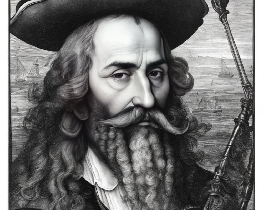 Detailed Engraving of Man with Wide-Brimmed Hat, Mustache, and Beard Amid Ships