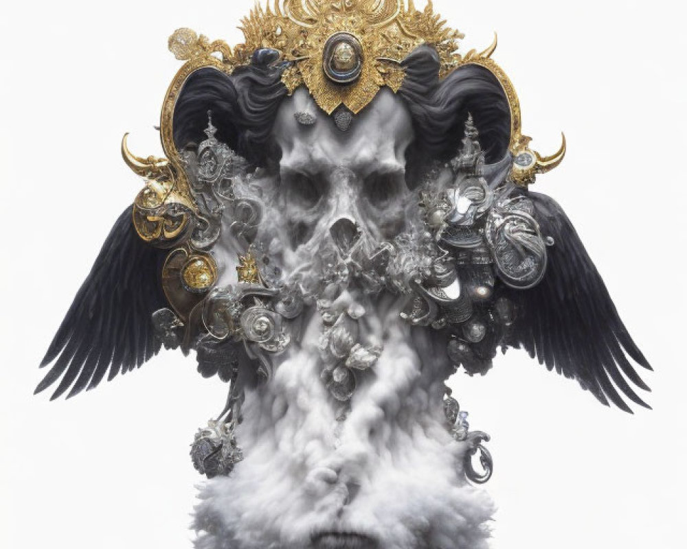 Symmetrical smokey figure with ram-like horns and black wings on white background