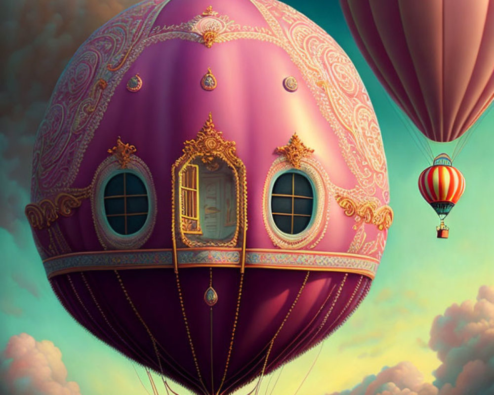 Ornately Decorated Purple Hot Air Balloon Floating Among Clouds