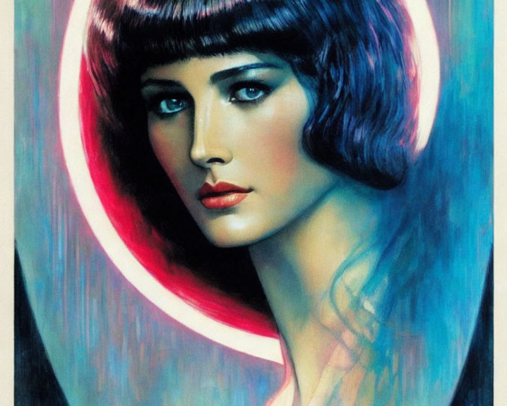 Colorful artwork: Woman with bob haircut in neon halo, dreamy expression, blue palette