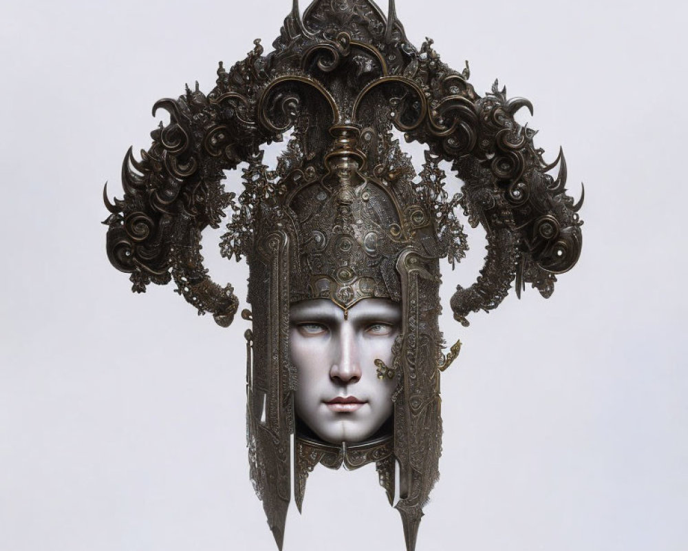 Symmetric ornate metallic headdress with intricate designs on serene face