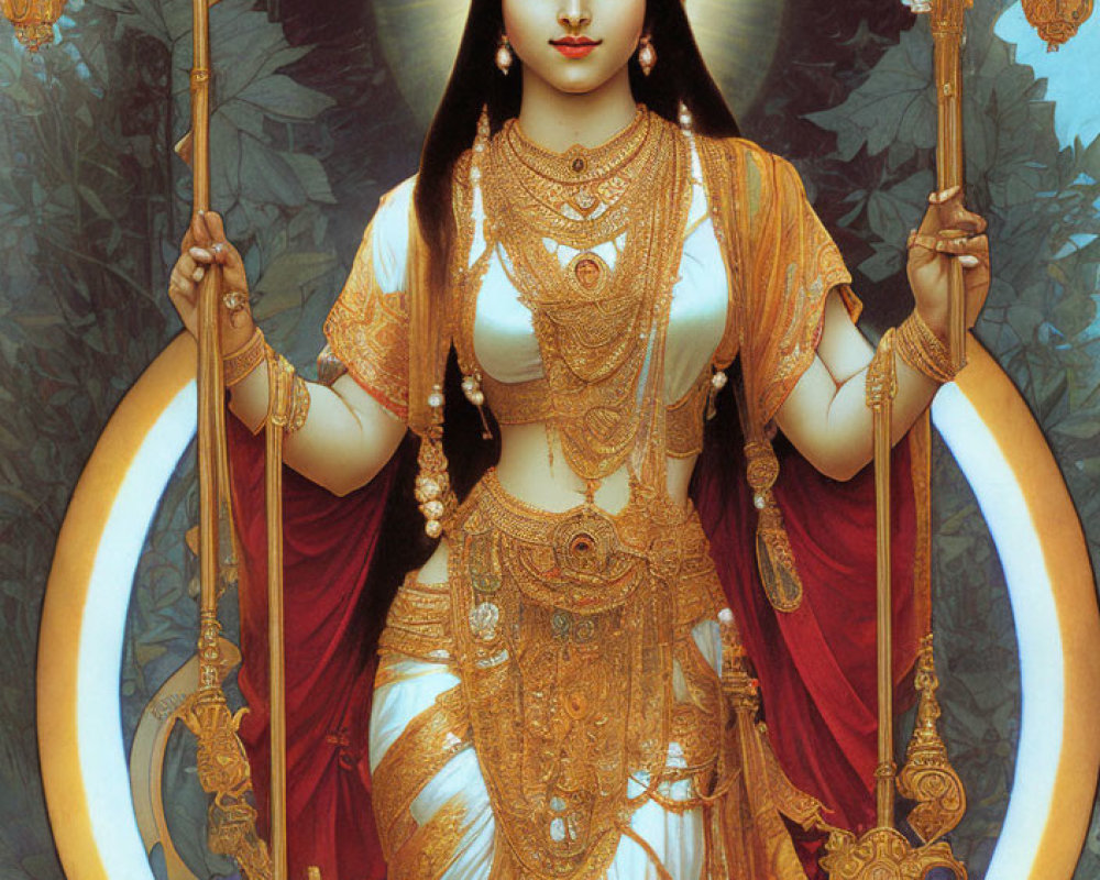 Traditional Indian Attire: Four-Armed Female Figure with Gold Jewelry