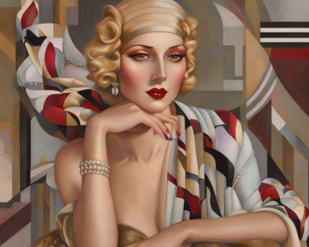 Stylized painting of woman in 1920s fashion with headband and pearls