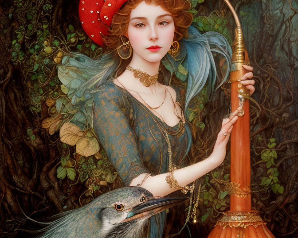 Fantasy illustration of woman with elven features in red mushroom cap, holding lantern, with large-b