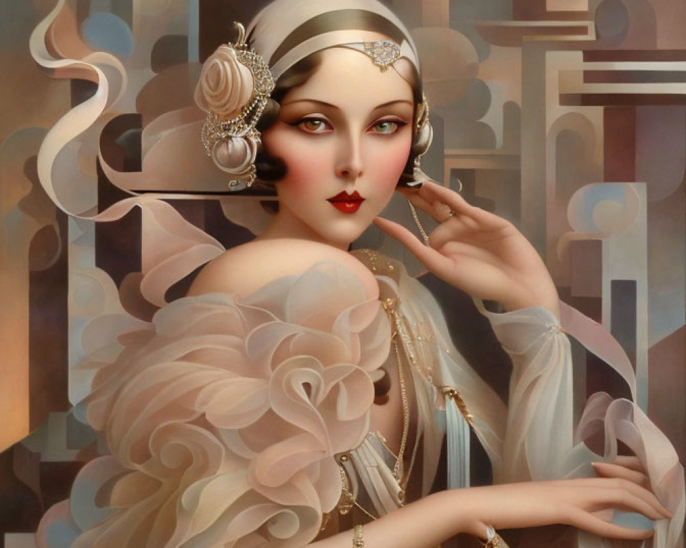 Art Deco Style Portrait of Woman with Elaborate Headpiece and Jewelry