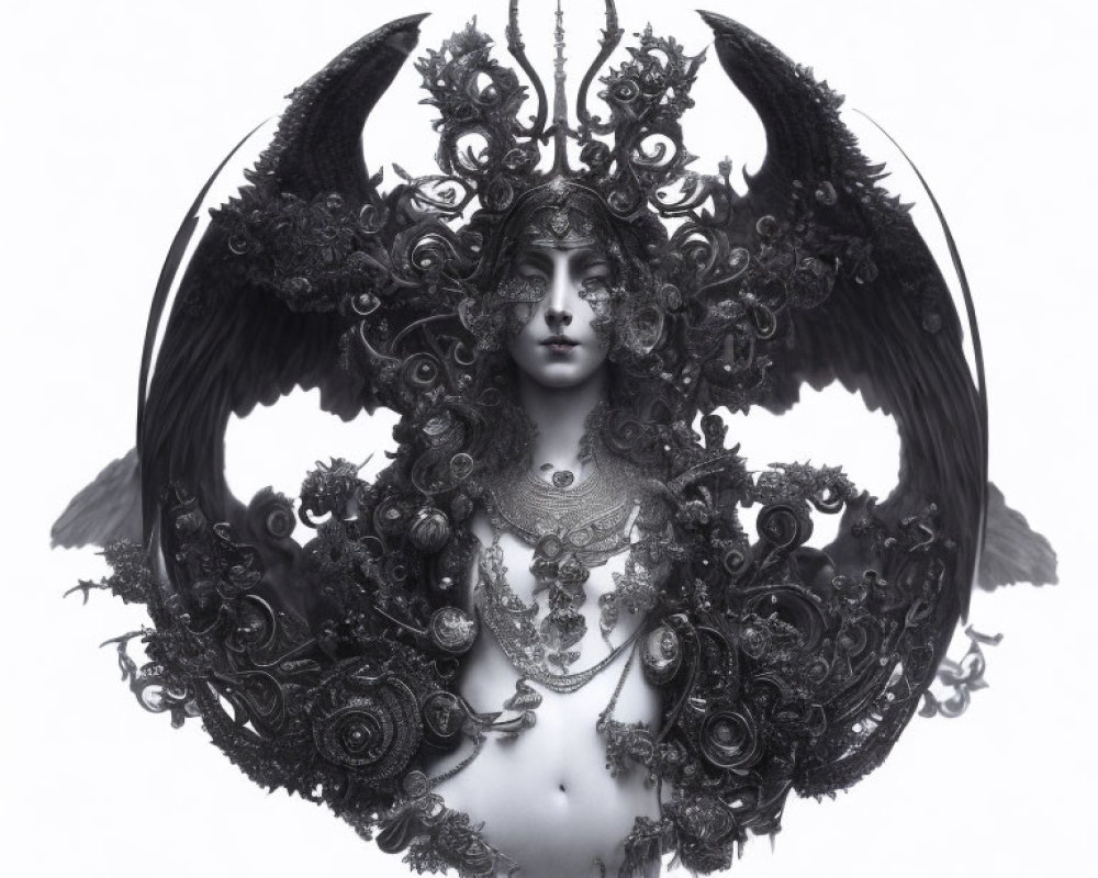 Monochrome artistic representation of a fantasy figure with ornate headgear, wings, and intricate jewelry blending