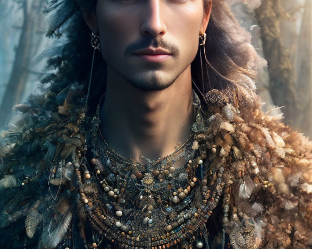 Person wearing tribal headdress and necklace in misty forest portrait