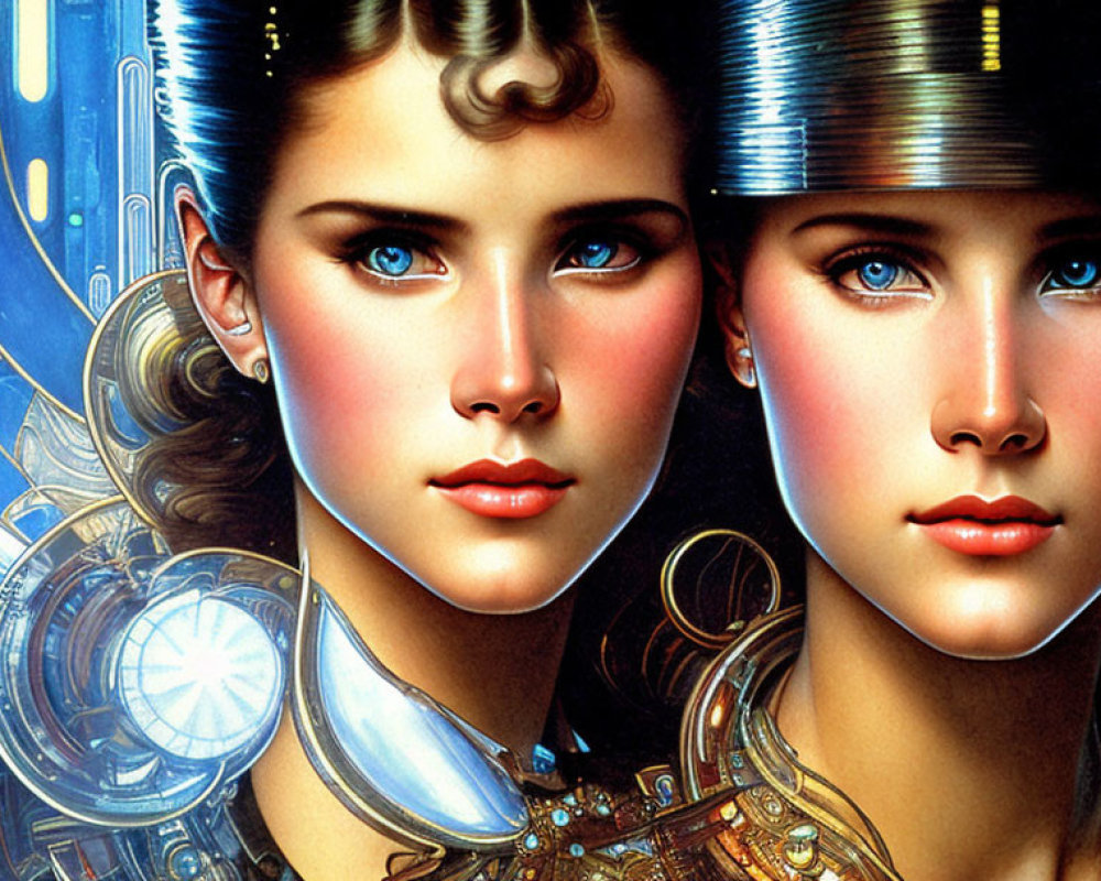 Digital Art: Twin Female Faces with Cyborg Features in Blue Tones