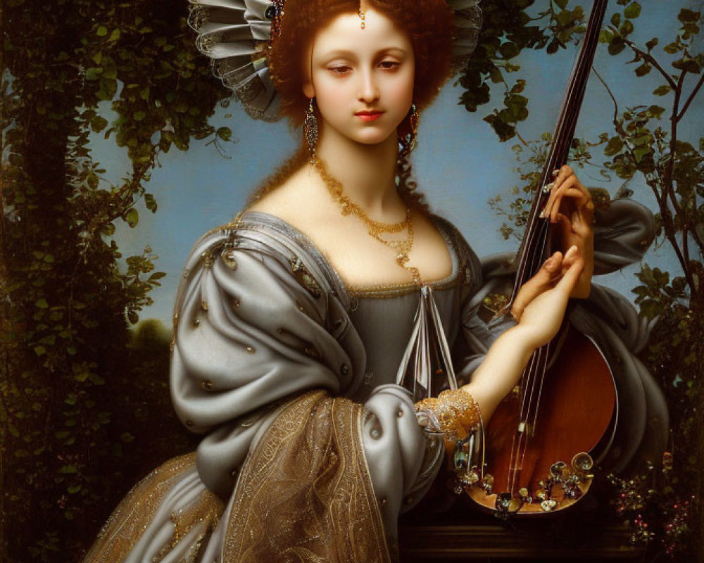 Woman with Elaborate Headdress and Violin in Renaissance Setting