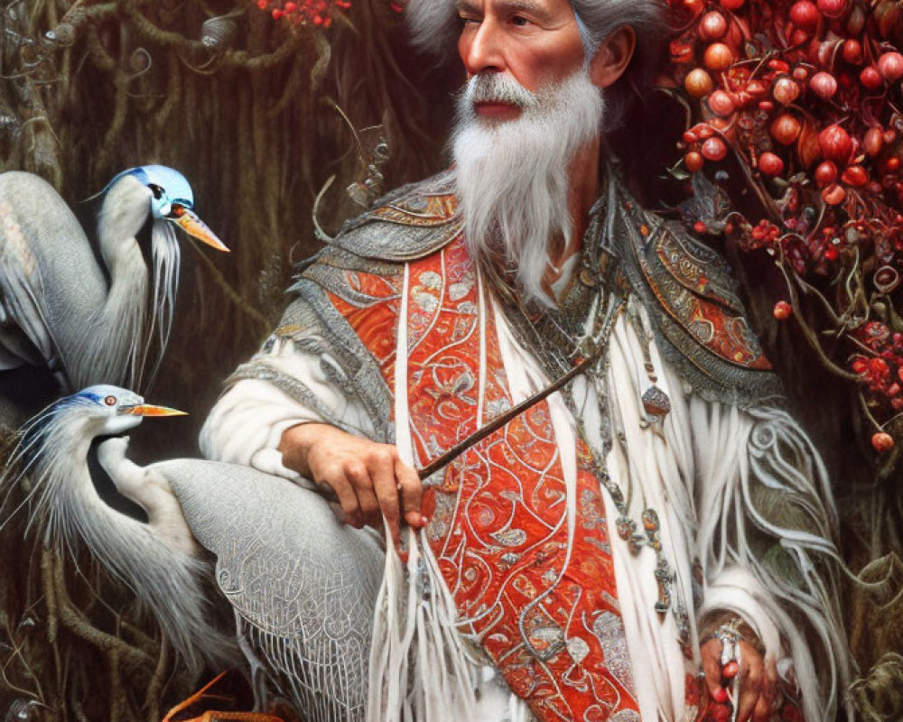 Elder wizard in red and white robe with staff and herons in nature setting