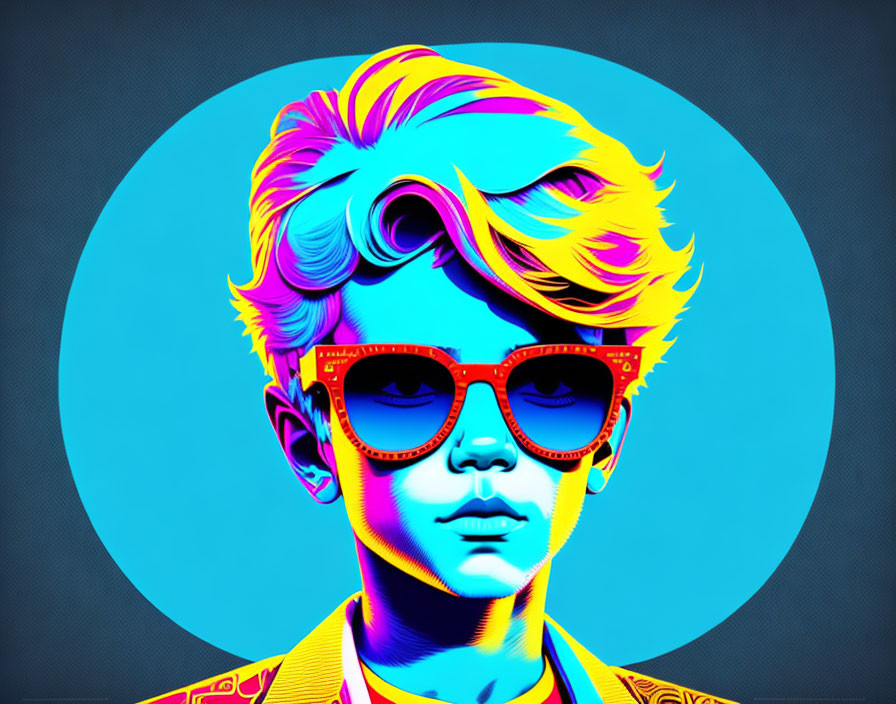 Vibrant stylized portrait with sunglasses and neon hair on blue background