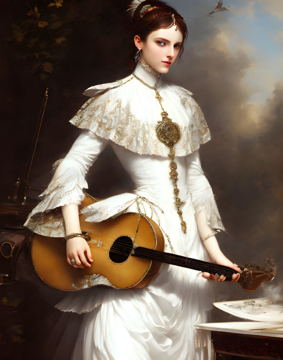 Vintage white dress woman holding guitar with gold jewelry in soft light