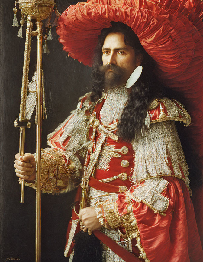 Man in Opulent Historical Military Attire with Red Hat & Ceremonial Staff