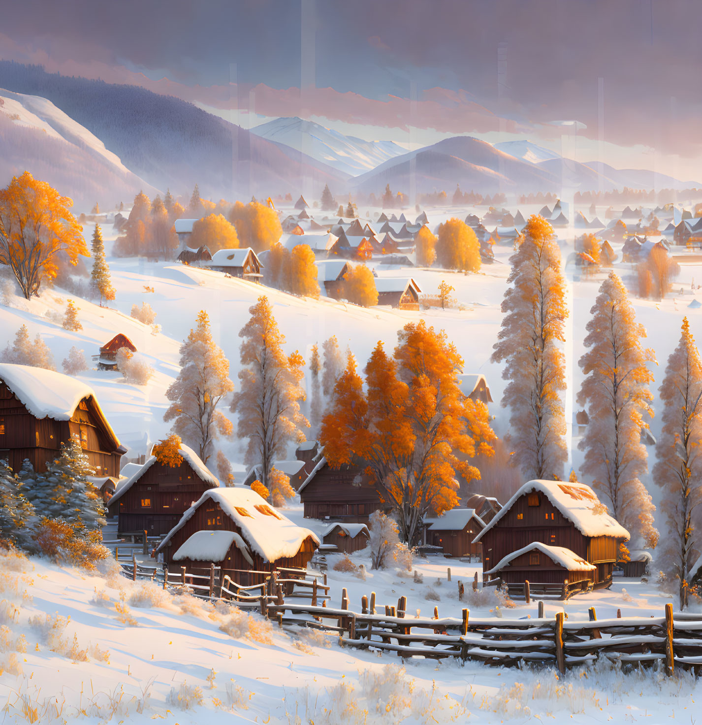 Snow-covered cottages in serene winter landscape