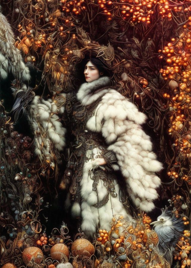 Elaborate white fur cloak amidst golden flora and birds