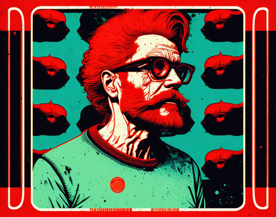 Man with Red Hair, Beard, and Glasses in Stylized Graphic Art