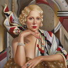 Stylized painting of woman in 1920s fashion with headband and pearls