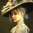 Young girl in floral hat and vintage attire, intricate details, soft warm palette