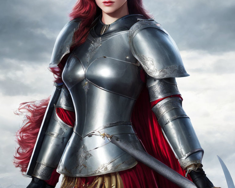 Red-Haired Warrior Woman in Silver Armor Against Dramatic Sky