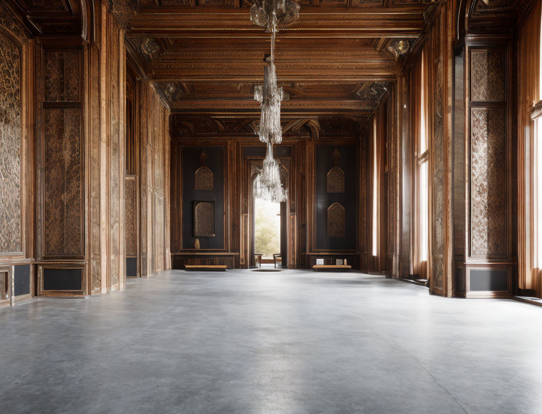 Spacious room with wooden paneling, chandelier, and high ceilings